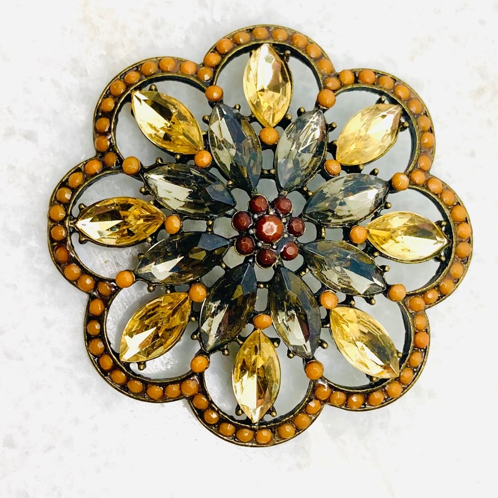 Vintage Extra Large Rhinestone Flower Pendant Yellow Orange Earthtone 2.5”